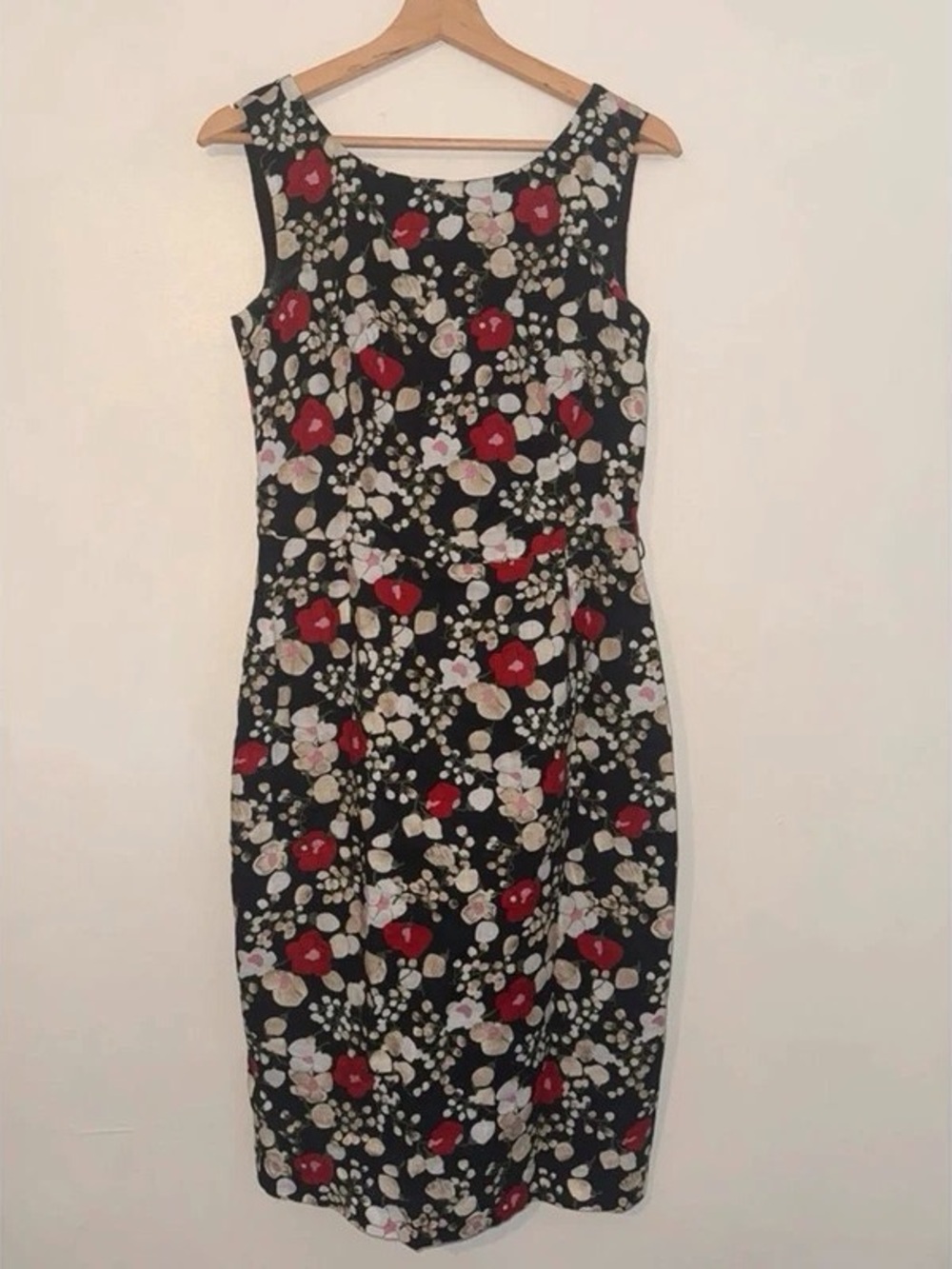Sleeveless Black Floral Midi Dress with Red and Cream Blooms